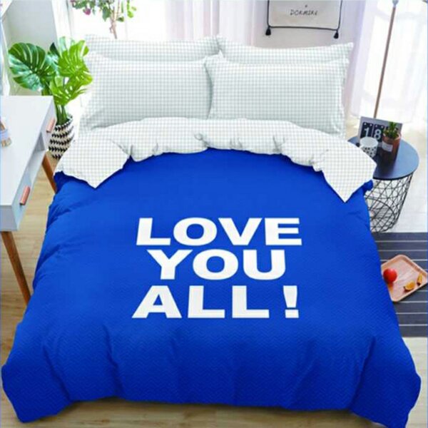 Bavlněné povlečení LOVE YOU ALL modré + povlak na polštářek 40 x 50 cm zdarma