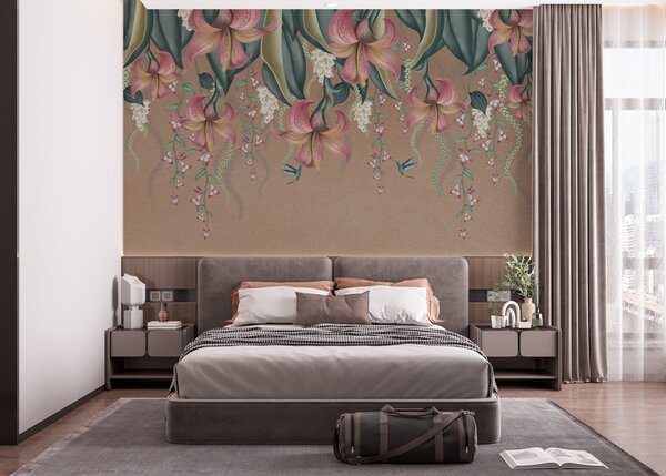 Tapety Jemný botanický motív so zavesenými ľaliami, kvetmi a kolibríkmi na grunge stene, 3D fototapety, Fototapety 3d kvety, w01523 : Uwalls.sk