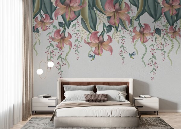 Tapety Jemný botanický motív so zavesenými ľaliami, kvetmi a kolibríkmi na svetlej stene, 3D fototapety, Fototapety 3d kvety, w01523v1 : Uwalls.sk