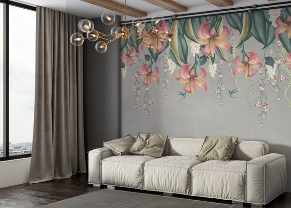 Tapety Jemný botanický motív so zavesenými ľaliami, kvetmi a kolibríkmi na sivej grunge, 3D fototapety, Fototapety 3d kvety, w01523v2 : Uwalls.sk
