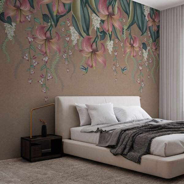Tapety Jemný botanický motív so zavesenými ľaliami, kvetmi a kolibríkmi na grunge stene, 3D fototapety, Fototapety 3d kvety, w01523 : Uwalls.sk
