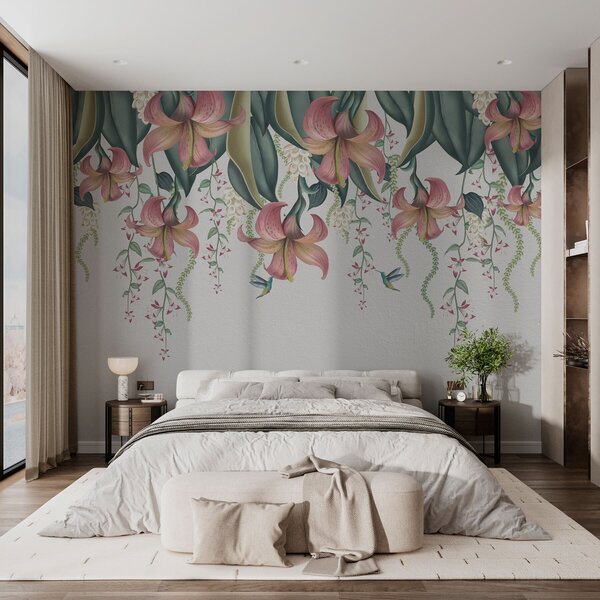 Tapety Jemný botanický motív so zavesenými ľaliami, kvetmi a kolibríkmi na svetlej stene, 3D fototapety, Fototapety 3d kvety, w01523v1 : Uwalls.sk