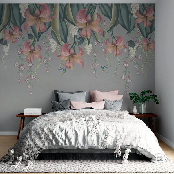 Tapety Jemný botanický motív so zavesenými ľaliami, kvetmi a kolibríkmi na sivej grunge, 3D fototapety, Fototapety 3d kvety, w01523v2 : Uwalls.sk