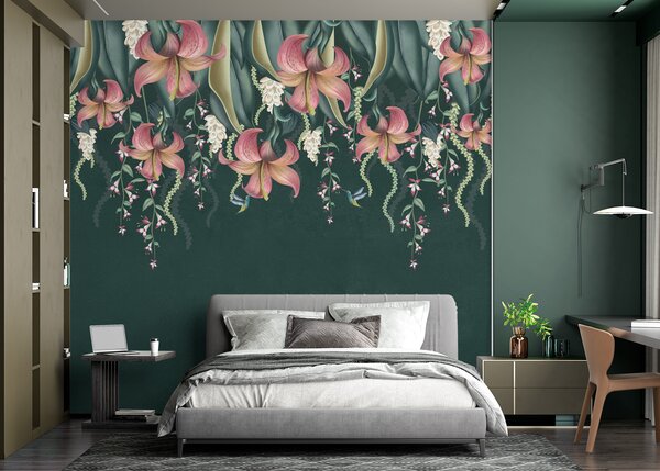 Tapety Jemný botanický motív so zavesenými ľaliami, kvetmi a kolibríkmi na zelenej grunge, Fototapety s prírodnými motívmi, w01523v3 : Uwalls.sk