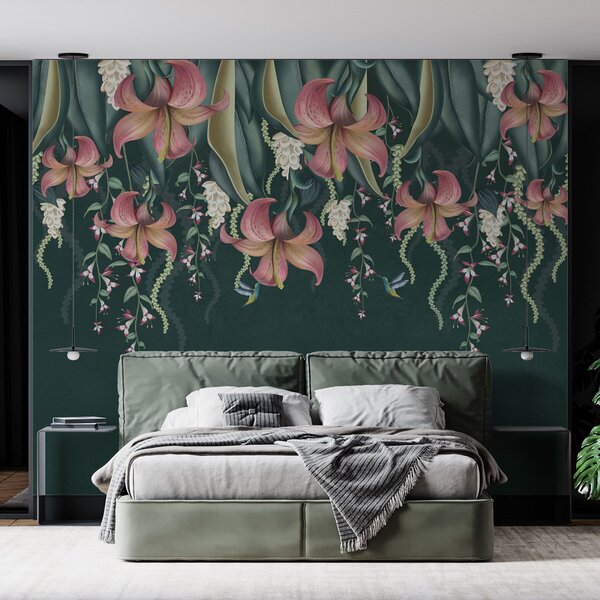 Tapety Jemný botanický motív so zavesenými ľaliami, kvetmi a kolibríkmi na zelenej grunge, Fototapety s prírodnými motívmi, w01523v3 : Uwalls.sk