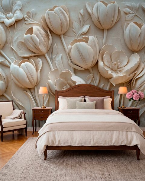 Tapety 3D kvetinové umenie s pôvabnými tulipánmi v béžovej farbe, 3D fototapety, Fototapety 3d kvety, w01851 : Uwalls.sk