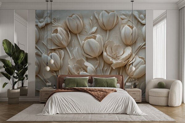 Tapety 3D kvetinové umenie s pôvabnými tulipánmi v béžovej farbe, 3D fototapety, Fototapety 3d kvety, w01851 : Uwalls.sk