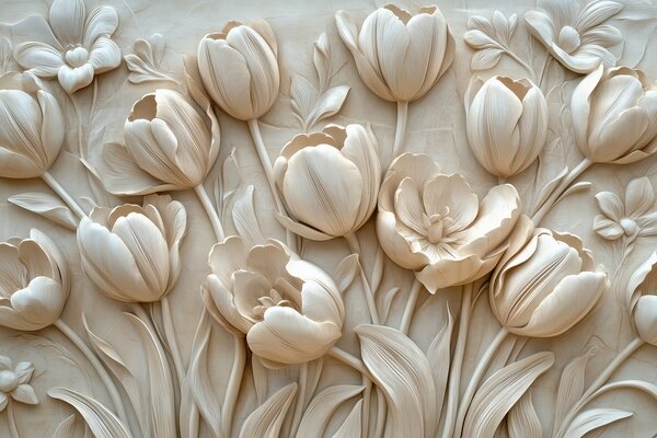 Tapety 3D kvetinové umenie s pôvabnými tulipánmi v béžovej farbe, 3D fototapety, Fototapety 3d kvety, w01851 : Uwalls.sk