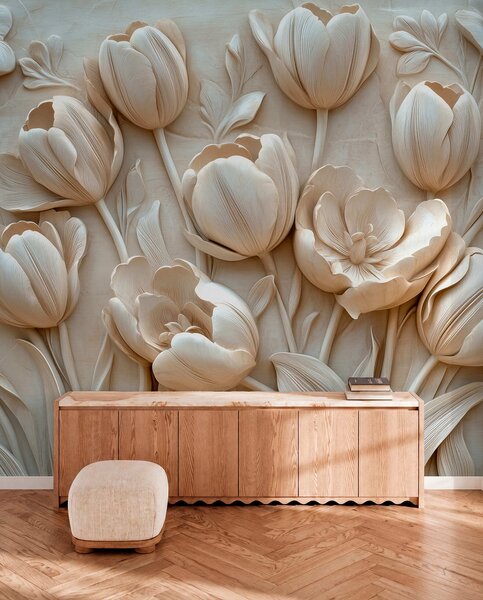 Tapety 3D kvetinové umenie s pôvabnými tulipánmi v béžovej farbe, 3D fototapety, Fototapety 3d kvety, w01851 : Uwalls.sk