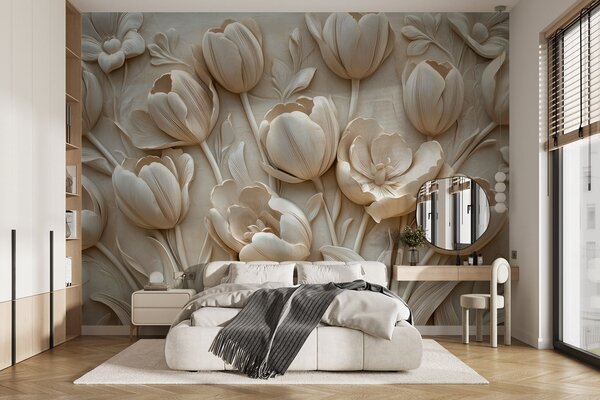 Tapety 3D kvetinové umenie s pôvabnými tulipánmi v béžovej farbe, 3D fototapety, Fototapety 3d kvety, w01851 : Uwalls.sk