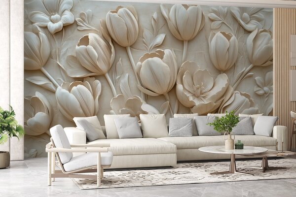 Tapety 3D kvetinové umenie s pôvabnými tulipánmi v béžovej farbe, 3D fototapety, Fototapety 3d kvety, w01851 : Uwalls.sk