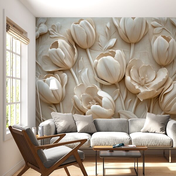 Tapety 3D kvetinové umenie s pôvabnými tulipánmi v béžovej farbe, 3D fototapety, Fototapety 3d kvety, w01851 : Uwalls.sk