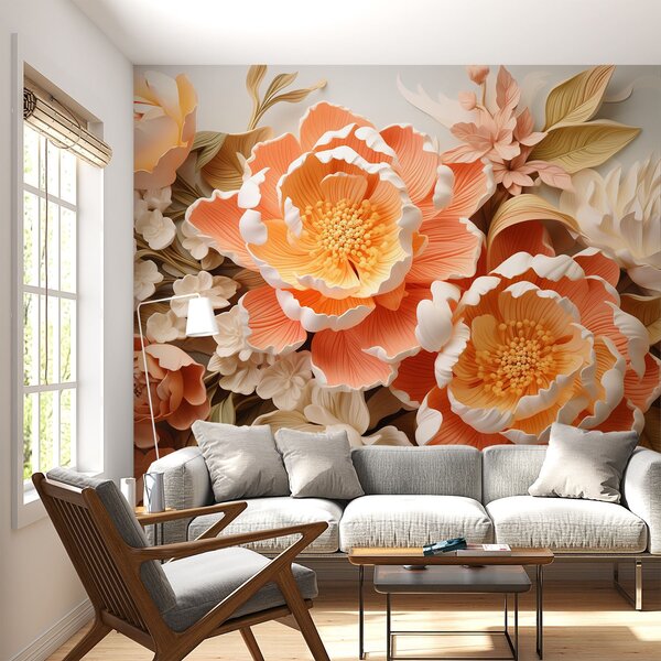 Tapety 3D kvetinový aranžmán v broskyňových tónoch s pivonkami a ružami v štýle rokoka, 3D fototapety, Fototapety 3d kvety, w01939 : Uwalls.sk