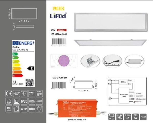 Ecolite podhľadový LED panel LED-GPL44/B-45 45W 4000K 4800 Lm strieborný (LED-GPL44/B-45)