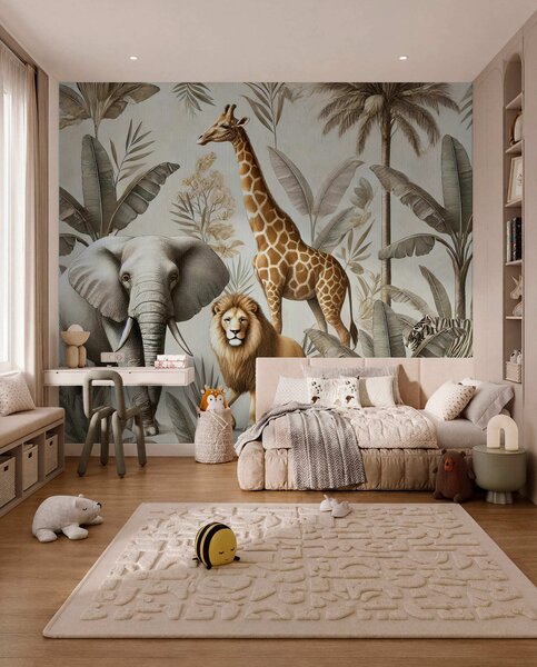 Tapety Detské tapety Safari s tropickou krajinou a rôznymi zvieratami v elegantných farbách, Fototapety zvieratá, w01956 : Uwalls.sk