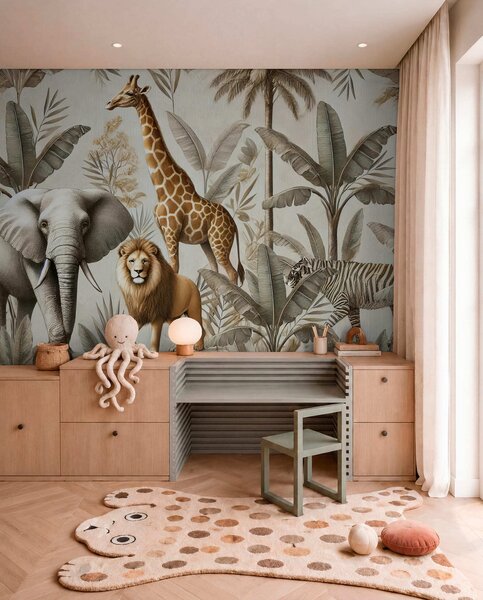 Tapety Detské tapety Safari s tropickou krajinou a rôznymi zvieratami v elegantných farbách, Fototapety zvieratá, w01956 : Uwalls.sk