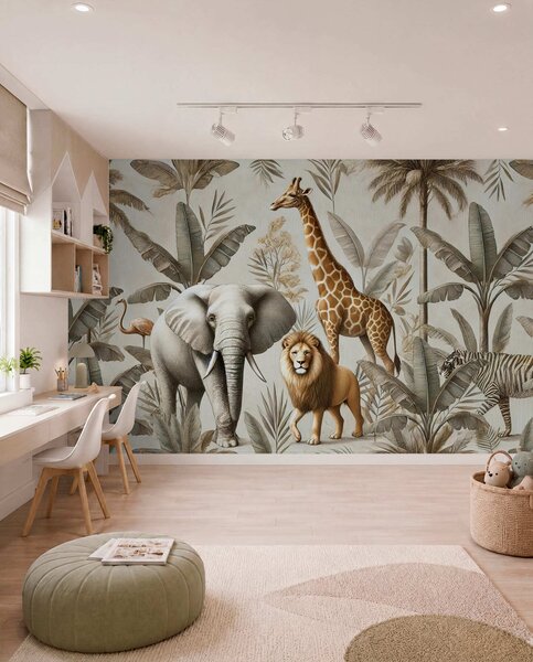 Tapety Detské tapety Safari s tropickou krajinou a rôznymi zvieratami v elegantných farbách, Fototapety zvieratá, w01956 : Uwalls.sk