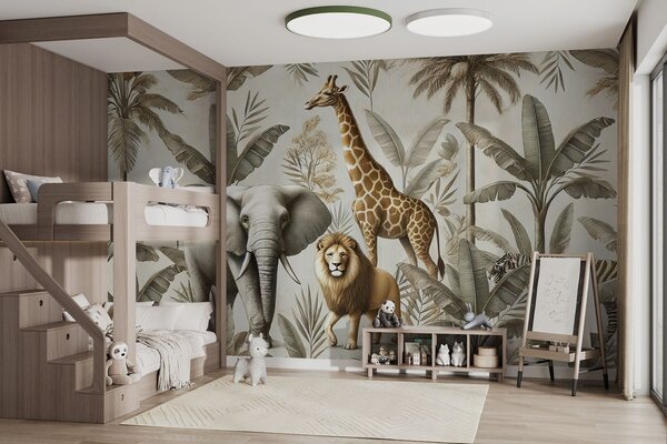 Tapety Detské tapety Safari s tropickou krajinou a rôznymi zvieratami v elegantných farbách, Fototapety zvieratá, w01956 : Uwalls.sk