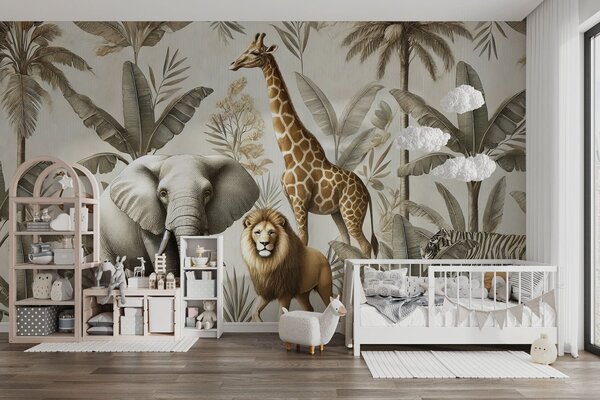 Tapety Detské tapety Safari s tropickou krajinou a rôznymi zvieratami v elegantných farbách, Fototapety zvieratá, w01956 : Uwalls.sk