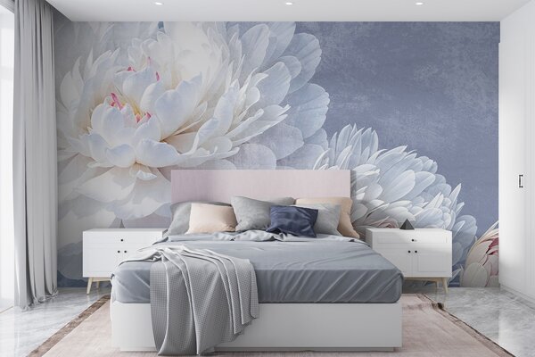 Tapety Biele detailné kvety pivónie s jemnými okvetnými lístkami na svetlom pastelovom modrom pozadí s, Fototapety s kvetmi, w08379 : Uwalls.sk