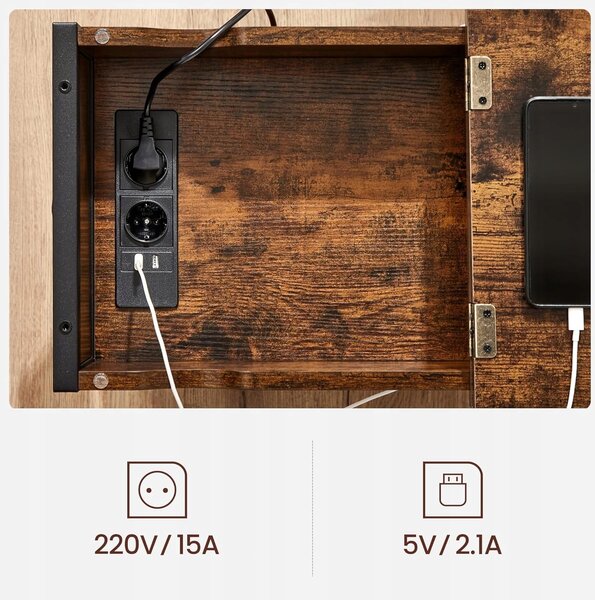 Odkladací stolík s predlžovacím káblom a nabíjačkami TAYLOR 60x31,5 cm, rustikálne hnedý