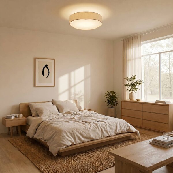 Stropné LED svetlo Lindby Winona, kábel, 48 cm, krémová,, Krémová / jantárovo žltá, Obývacia izba / jedáleň, Textil / látka / hodváb, Stropné svetlo polkruhové s priestorom