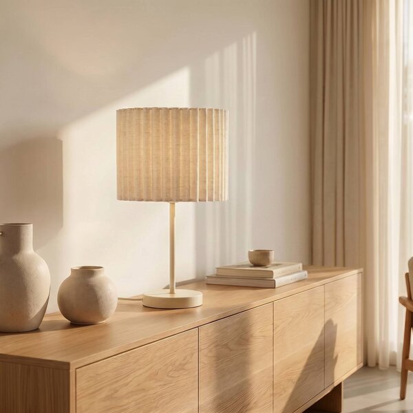Stolová lampa Lindby Libbie, výška 45 cm, ľan, krémová, E27, Krémová / jantárovo žltá, Obývacia izba / jedáleň, Textil / látka / hodváb, Stojacie svietidlo