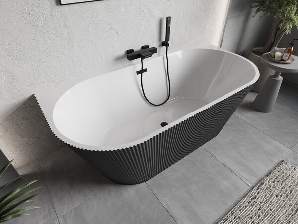 Mexen Oris, voľne stojaca ryhovaná vaňa 150 x 75 cm, biela-šedá, čierny matný prepad, 52871507562-70
