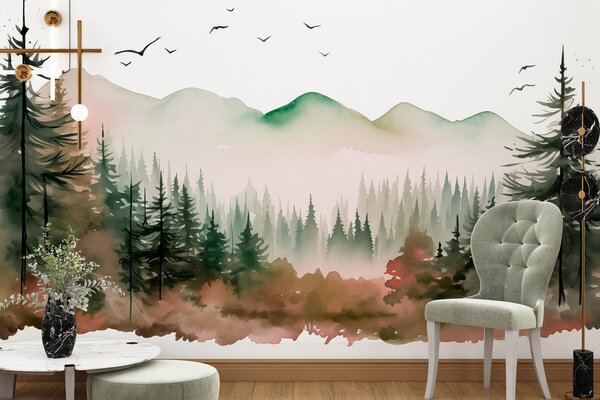 Tapety Akvarelové lesné a horské krajiny, zelené a ružové farby , Fototapety s prírodnými motívmi, w02150v1 : Uwalls.sk