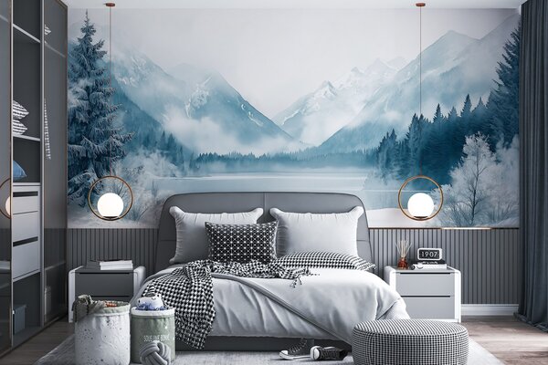 Tapety Zimné hory, zamrznuté jazero, borovicový les, modrá paleta farieb, akvarel, Fototapety s prírodnými motívmi, w02354 : Uwalls.sk