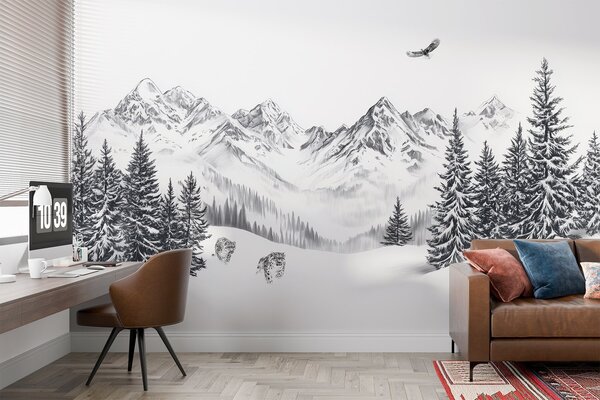 Tapety Zimné hory, snehové leopardy, borovicový les, kresba ceruzkou, letiaci orol, Fototapety s prírodnými motívmi, w02360 : Uwalls.sk