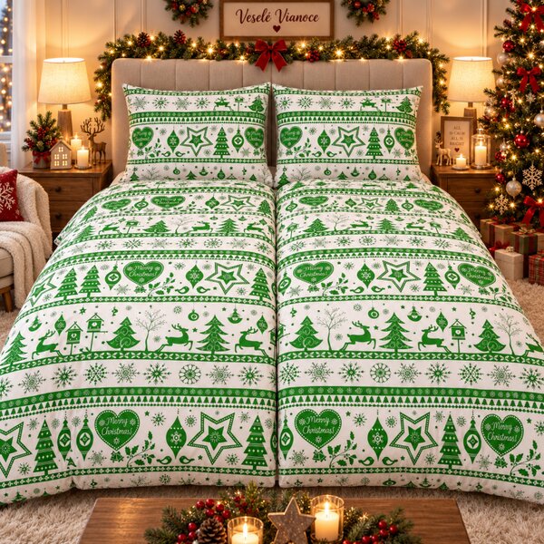 Obliečky bavlnené Vianočné obliečky Christmas zelené TiaHome - 1x Vankúš 90x70cm, 1x Paplón 140x200cm