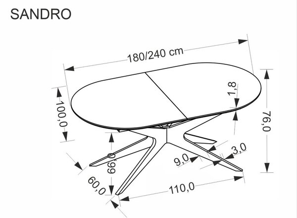 Halmar Rozkladací jedálenský stôl SANDRO 180(240)x100 čierny