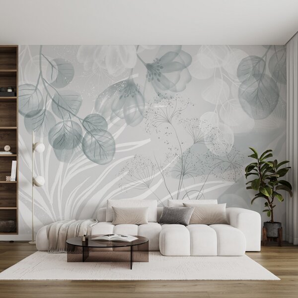 Tapety Kvetinové prvky eukaliptu v modrých a bielych odtieňoch s prekrývajúcimi sa listami a okvetnými, Fototapety akvarel, w08599 : Uwalls.sk