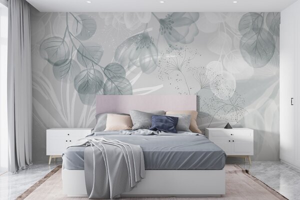 Tapety Kvetinové prvky eukaliptu v modrých a bielych odtieňoch s prekrývajúcimi sa listami a okvetnými, Fototapety akvarel, w08599 : Uwalls.sk