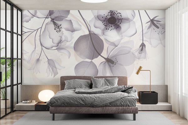 Tapety Jemné sivé a béžové priesvitné kvety s jemnými okvetnými lístkami a tmavými stredmi na svetlom, Fototapety s kvetmi, w08613v2 : Uwalls.sk