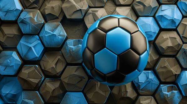 Tapety Veľká futbalová lopta a čierne a modré plásty, Fototapety Izba pre tínedžerov, Fototapety futbal, w08617 : Uwalls.sk