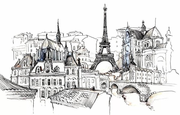 Tapety Parížska panoráma v umeleckom obryse, Fototapety rozširujúce sa priestory, Fototapety s výhľadom z okna, u77704 : Uwalls.sk