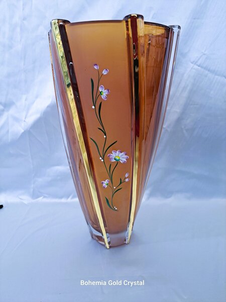 Šesťhranná amber váza so zlatom a maľbou kvetín, 35,5 cm