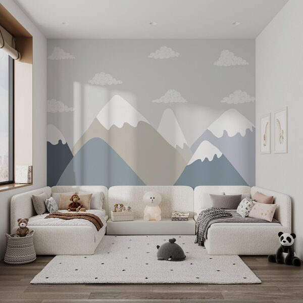 Tapety Minimalistická horská krajina so zasneženými vrcholmi v tlmených sivomodrých a béžových tónoch, Detské fototapety, w03040 : Uwalls.sk
