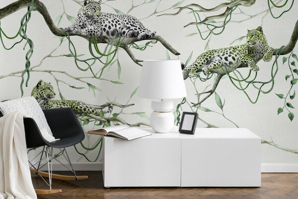 Tapety Leopardy na stromoch džungle, liany, tropické, divoké zvieratá, zelená paleta, Fototapety s lesom, Fototapety džungľa, w03146v1 : Uwalls.sk