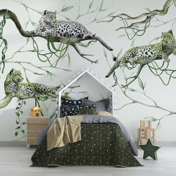 Tapety Leopardy na stromoch džungle, liany, tropické, divoké zvieratá, zelená paleta, Fototapety s lesom, Fototapety džungľa, w03146v1 : Uwalls.sk