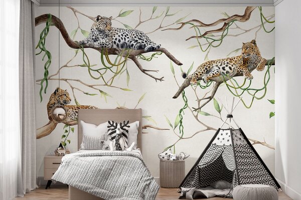 Tapety Leopardy na stromoch džungle, liany, tropické, divoké zvieratá, prírodná paleta farieb, Fototapety zvieratá, w03146 : Uwalls.sk