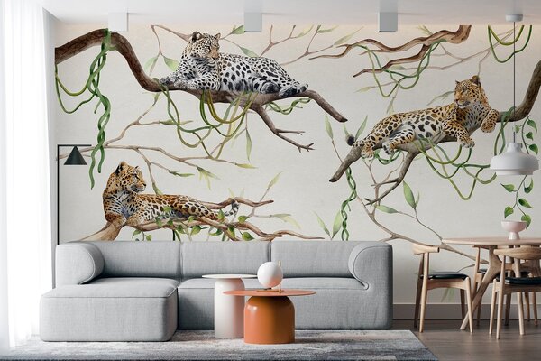 Tapety Leopardy na stromoch džungle, liany, tropické, divoké zvieratá, prírodná paleta farieb, Fototapety zvieratá, w03146 : Uwalls.sk