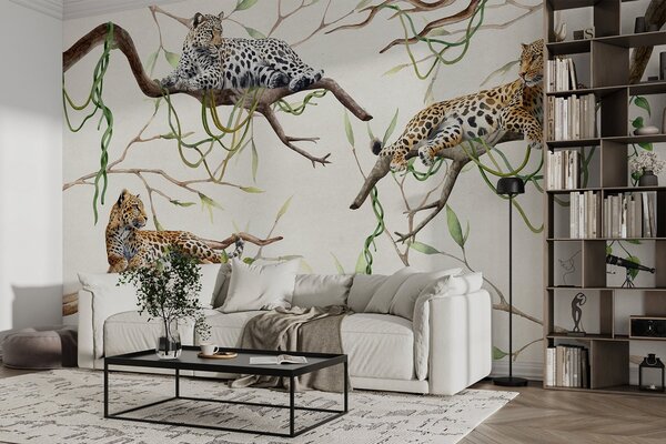 Tapety Leopardy na stromoch džungle, liany, tropické, divoké zvieratá, prírodná paleta farieb, Fototapety zvieratá, w03146 : Uwalls.sk
