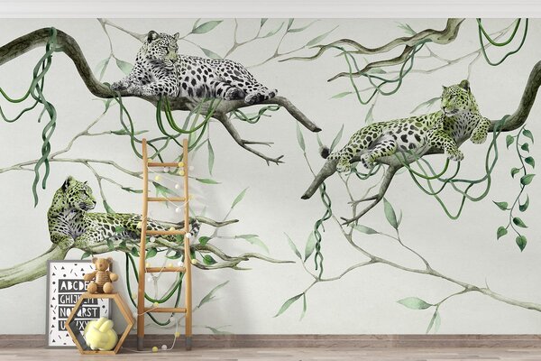 Tapety Leopardy na stromoch džungle, liany, tropické, divoké zvieratá, zelená paleta, Fototapety s lesom, Fototapety džungľa, w03146v1 : Uwalls.sk