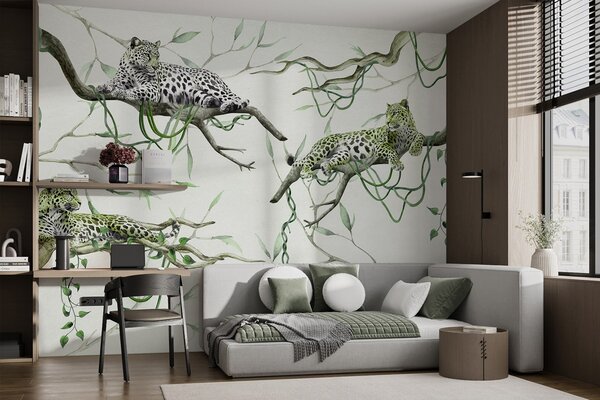 Tapety Leopardy na stromoch džungle, liany, tropické, divoké zvieratá, zelená paleta, Fototapety s lesom, Fototapety džungľa, w03146v1 : Uwalls.sk