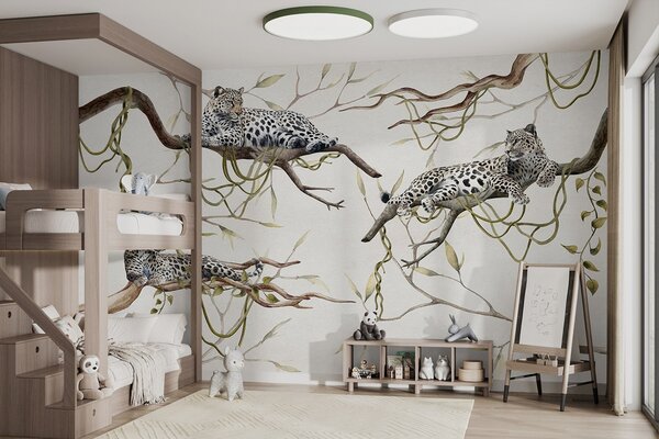 Tapety Leopardy na stromoch džungle, liany, tropické, divoké zvieratá, pastelová paleta farieb, Fototapety zvieratá, w03146v4 : Uwalls.sk