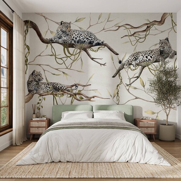 Tapety Leopardy na stromoch džungle, liany, tropické, divoké zvieratá, pastelová paleta farieb, Fototapety zvieratá, w03146v4 : Uwalls.sk