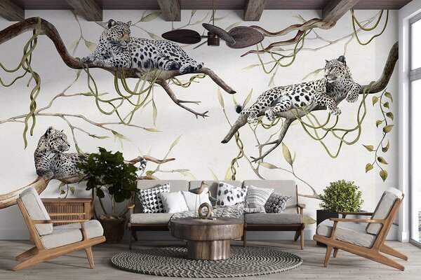 Tapety Leopardy na stromoch džungle, liany, tropické, divoké zvieratá, pastelová paleta farieb, Fototapety zvieratá, w03146v4 : Uwalls.sk
